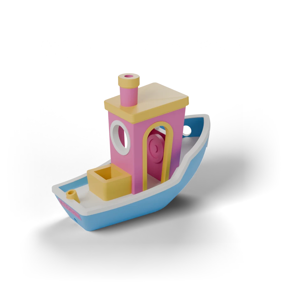 Blitz Benchy tugboat in cyan, magenta, yellow and white